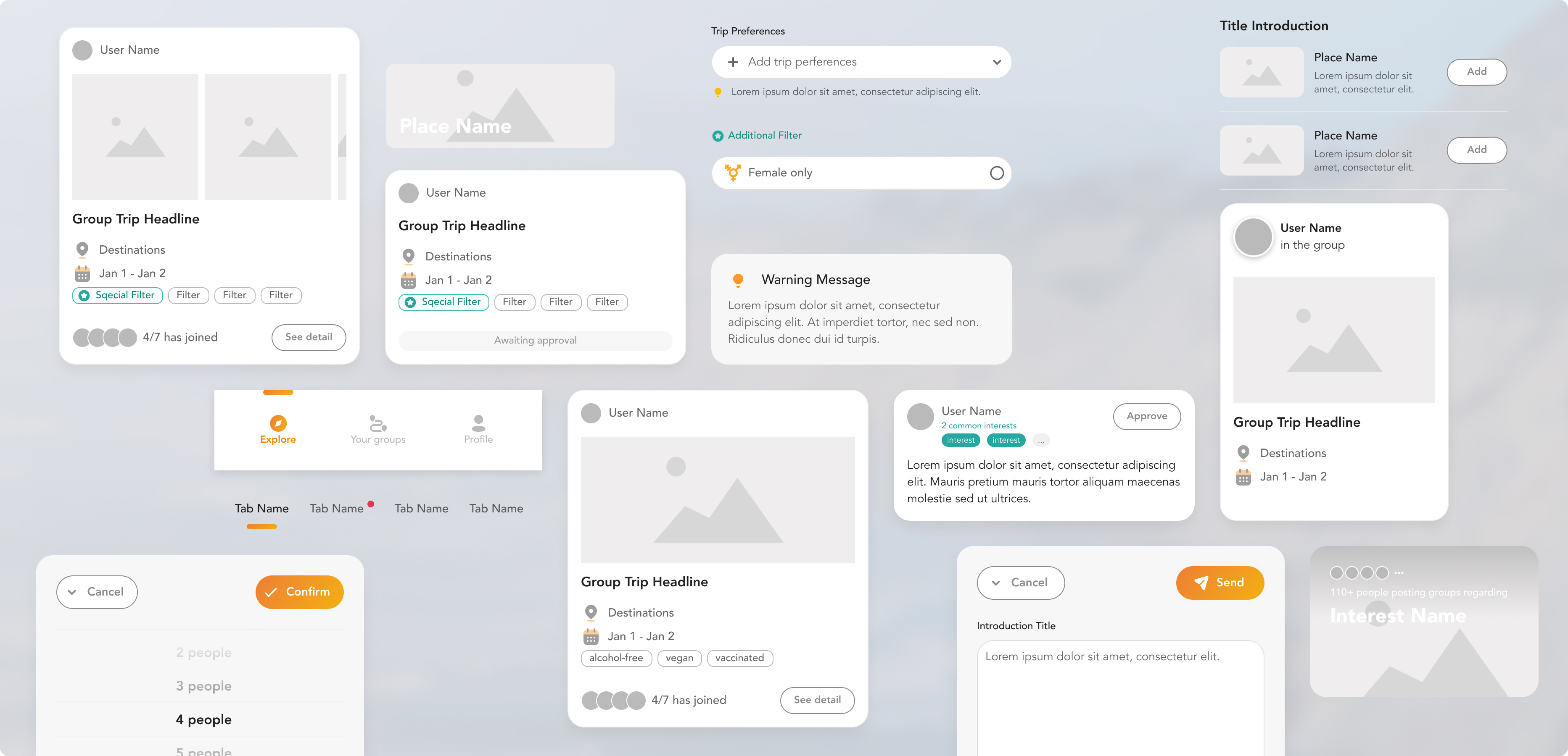 The prototype’s design system: group-trip cards, filter and preference chips, a tab bar, form fields, warning and approval messages, pickers and modals, all drawn from one set of components.