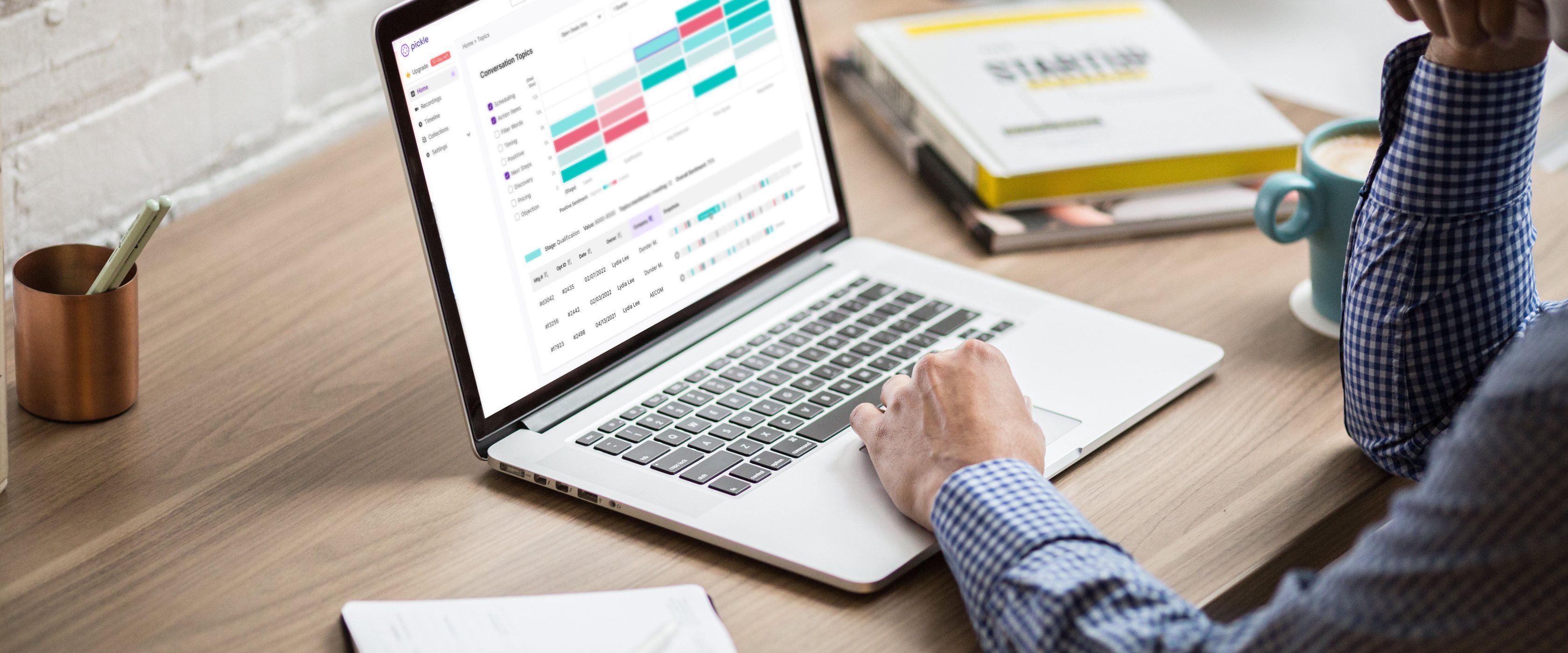 An account executive at their desk with the Pickle dashboard open on a laptop, the Conversation Topics matrix filling the screen.