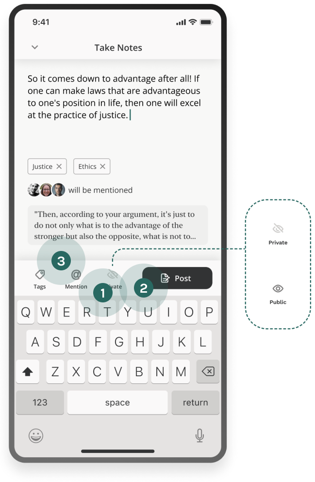The note composer after: a two-mode private/public toggle, the relocated Post button and the Mention row, with the two modes drawn out beside it.