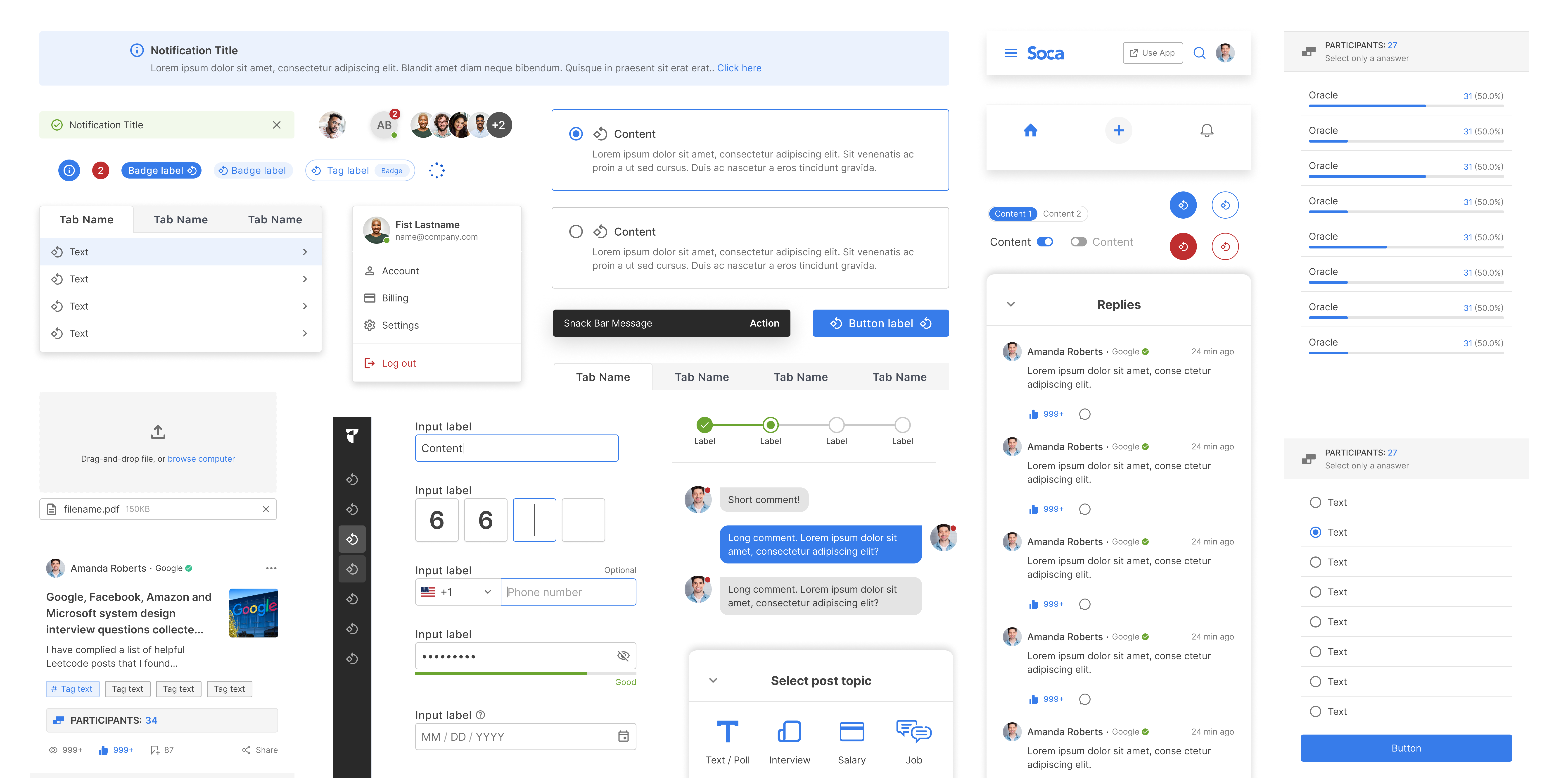 The shipped system in use: notification banners, avatar stacks, tabs, an account menu, a chat thread, a file uploader, input fields, progress steps, a post-topic bottom sheet, poll results and the SOCA navigation bar, all drawn from the same component set.